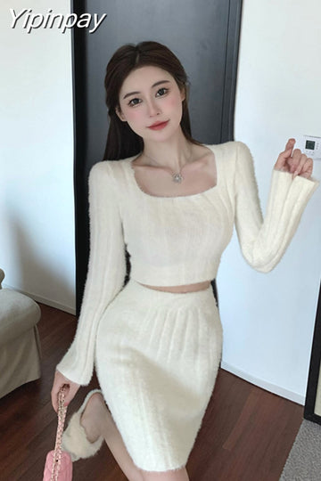 Yipinpay two piece skirt set Plush knit women long sleeve crop top +High waist midi skirts Elegant fall Winter 2023 white purple set